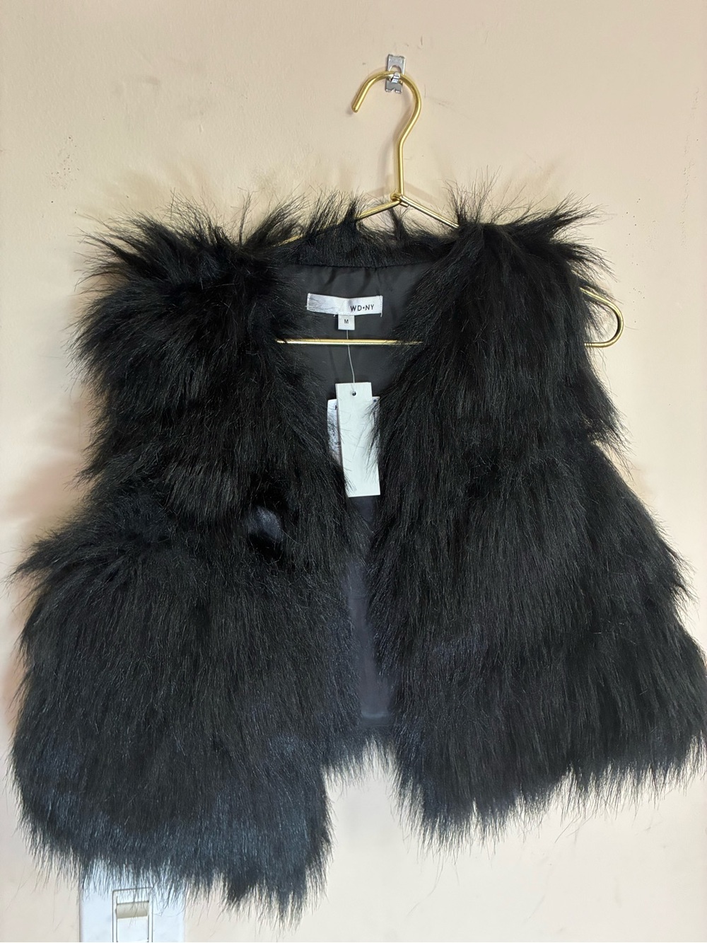 Mobwife WD·NY Black Faux-Fur Open-Front Vest Size Medium